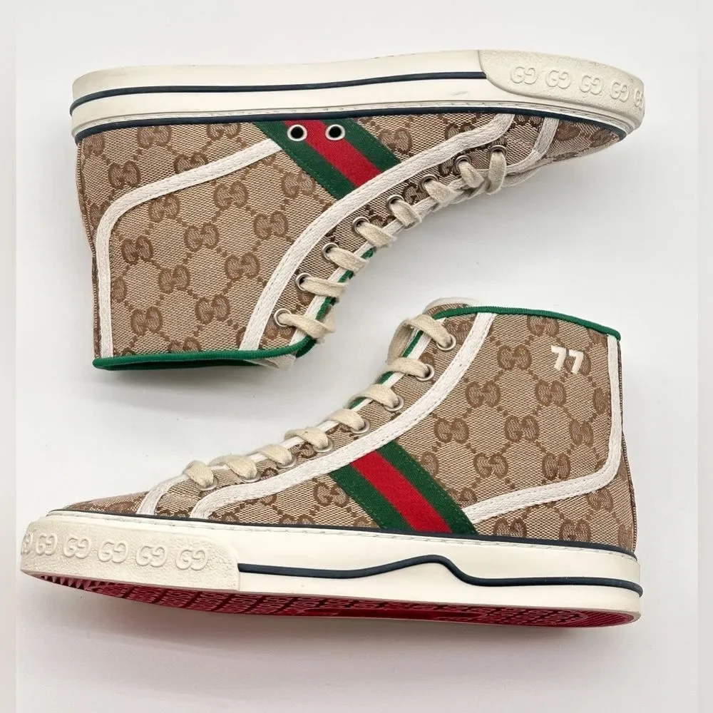 Gucci Tennis 1977 GG Monogram High Top Womens Sneakers Beige Tan EU 37.5 US 7.5